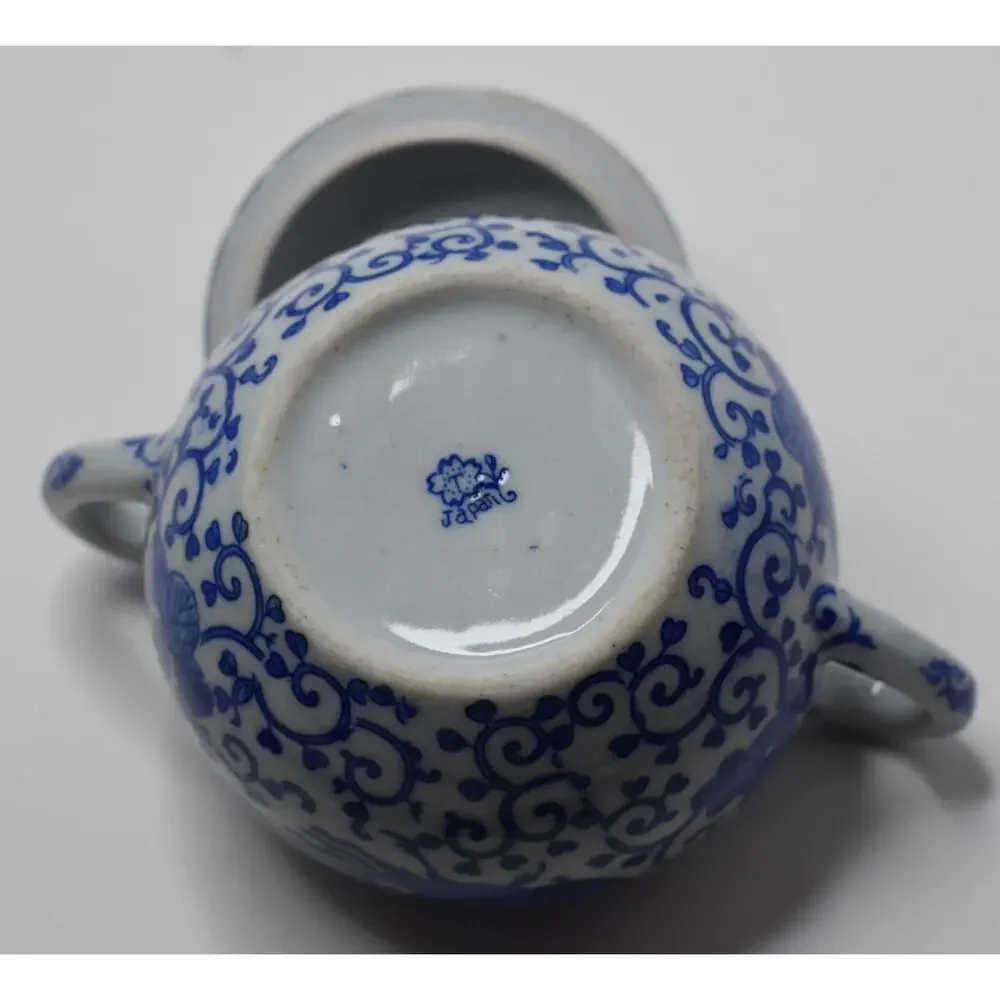 Vintage Blue & White Phoenix Fine Porcelain Sugar Lidded Bowl Japan